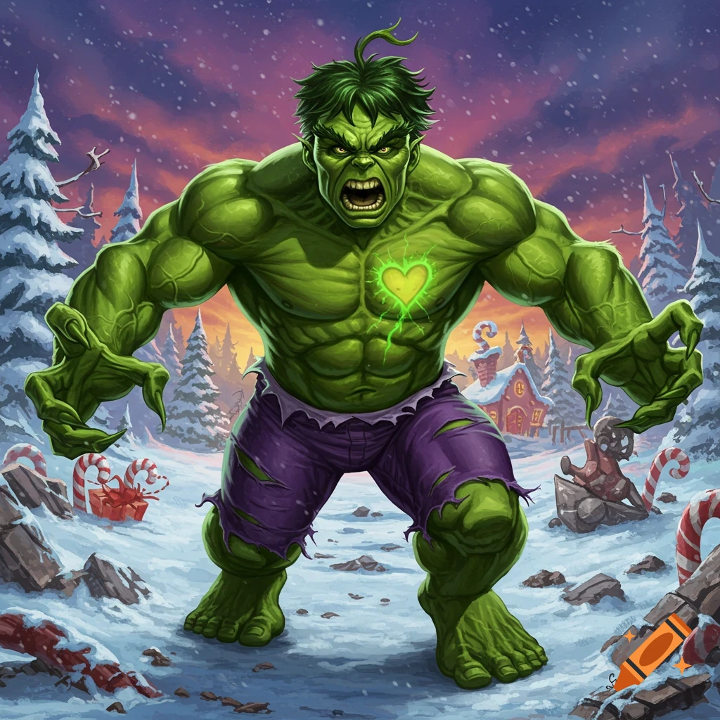 A muscular green figure with torn pants, combining Hulk and Grinch, stands roaring in a snowy winter landscape with Christmas decorations.