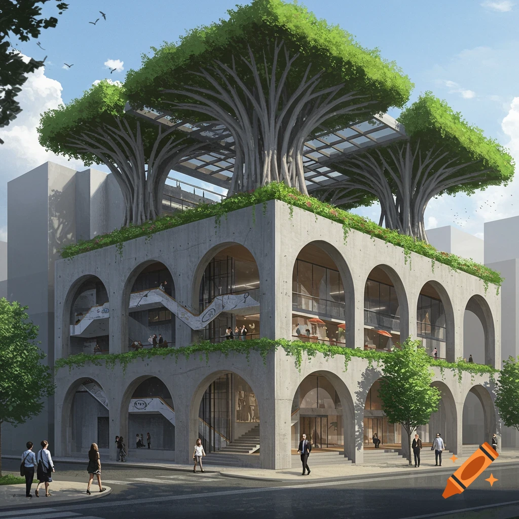 Concrete building with large archways and banyan trees on the rooftop garden.