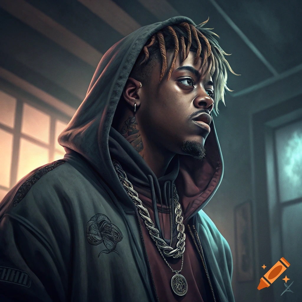 A photorealistic portrait of a young man with dreadlocks wearing a hooded jacket and heavy chain.