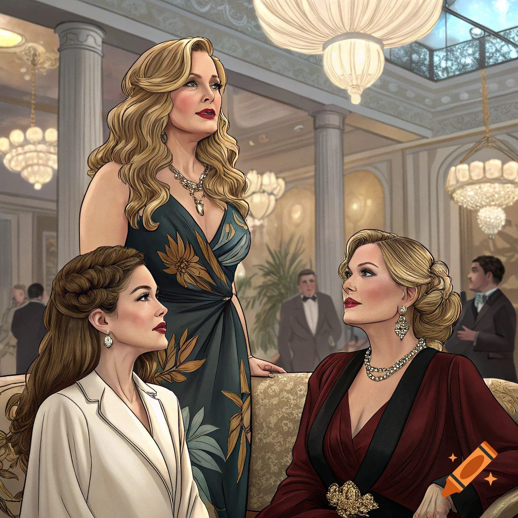 Illustration of three women in formal dresses in a fancy room.