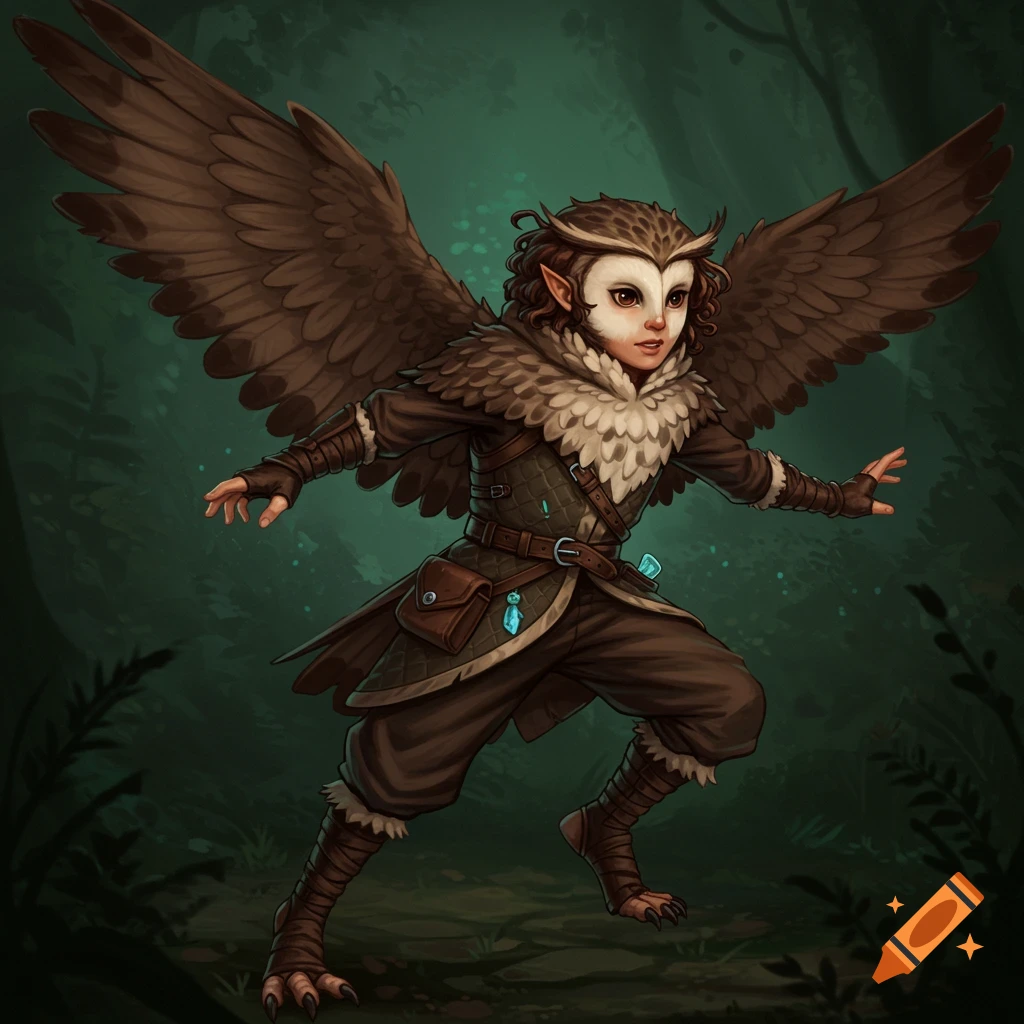 A fantasy character dressed as an owl stands in a forest.