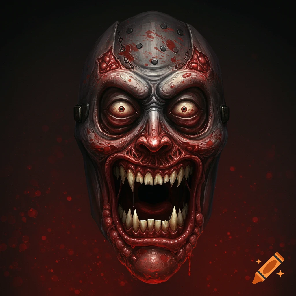 A grotesque, bloody mask with sharp teeth and bulging eyes is shown against a dark red background.