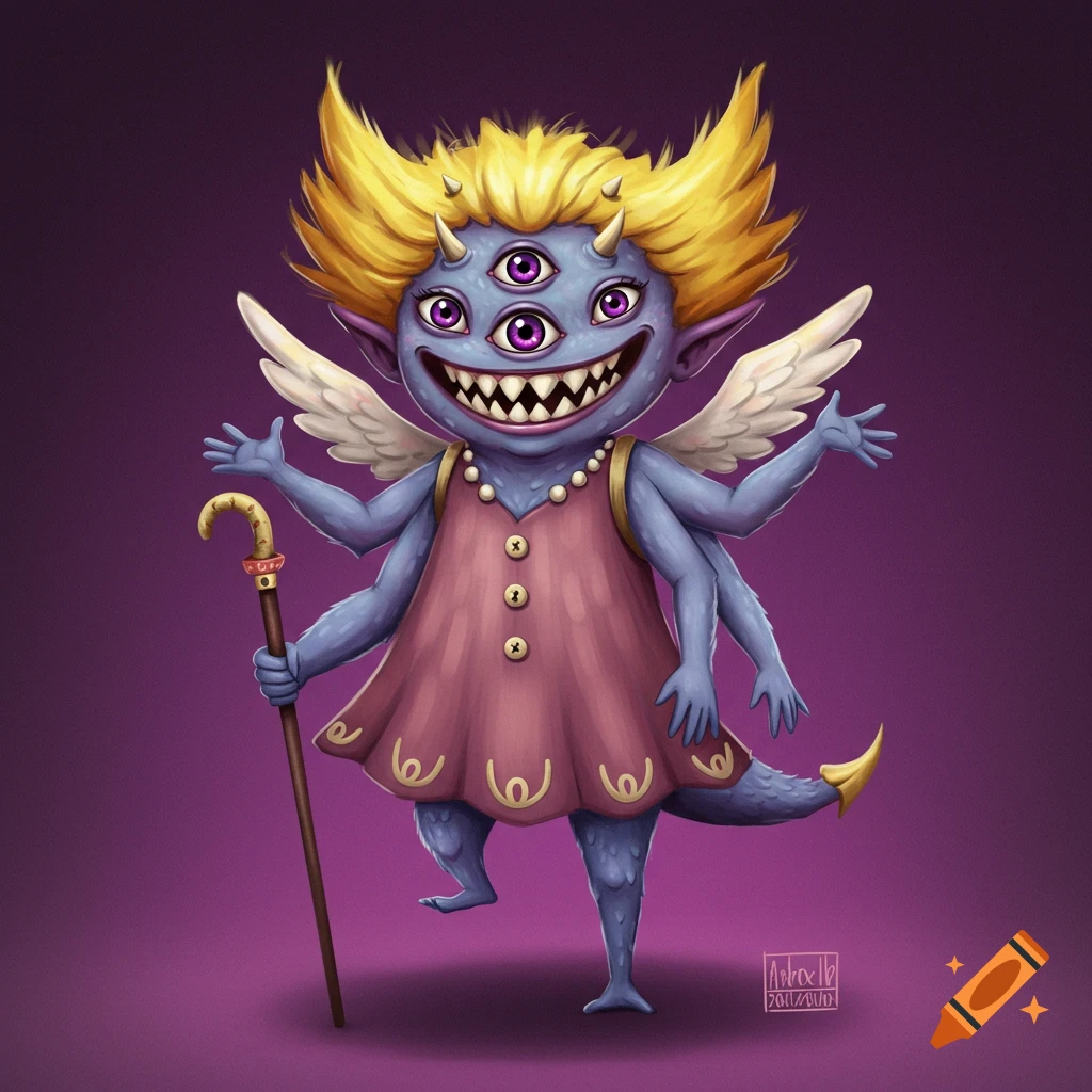 A cute, whimsical monster with multiple eyes and arms, wearing a dress and holding a cane.