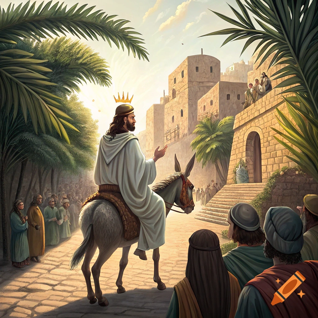Jesus rides a donkey into a city, greeted by crowds with palm leaves.