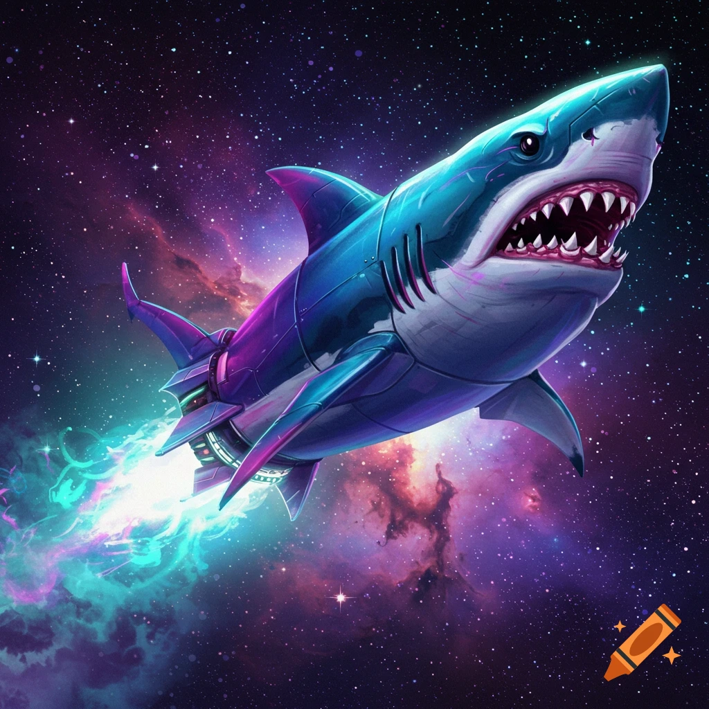 A blue and purple shark shaped rocket ship flies through a starfield with nebulae.