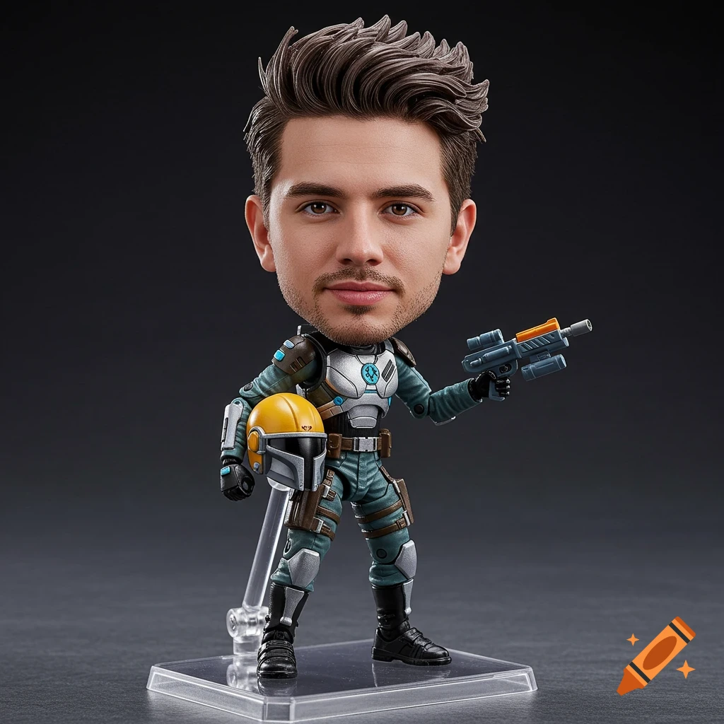 An action figure of a person in sci-fi armor holding a gun and helmet.