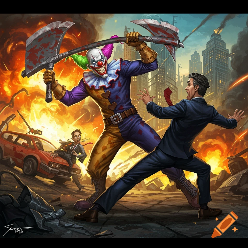 Sweet Tooth clown swings bloody axes at a fleeing businessman in a burning city.