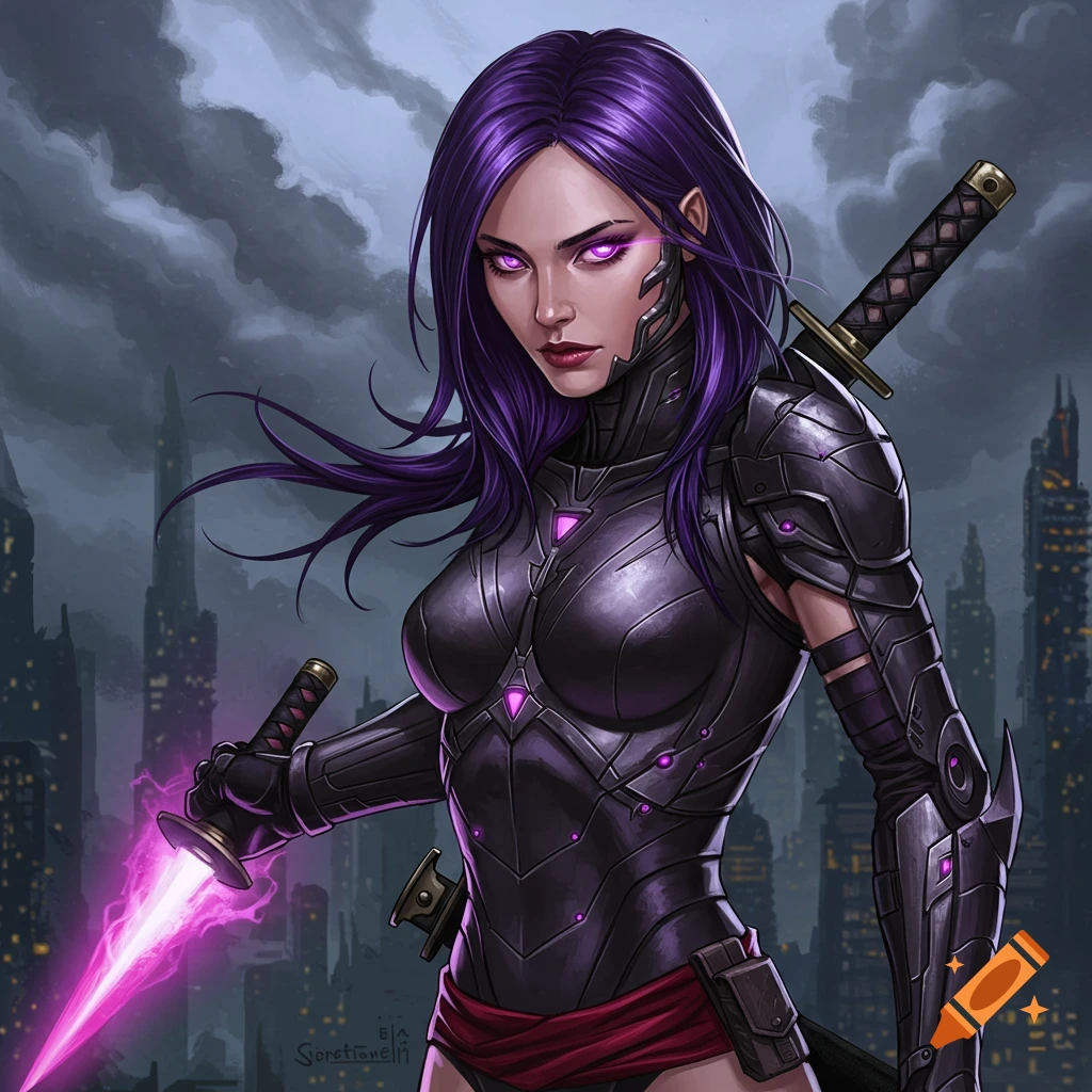 A woman with purple hair, glowing eyes, and dark armor holding a glowing pink sword, with a city skyline background.