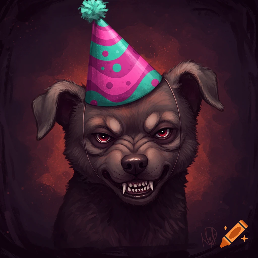 A snarling dark dog wears a party hat.