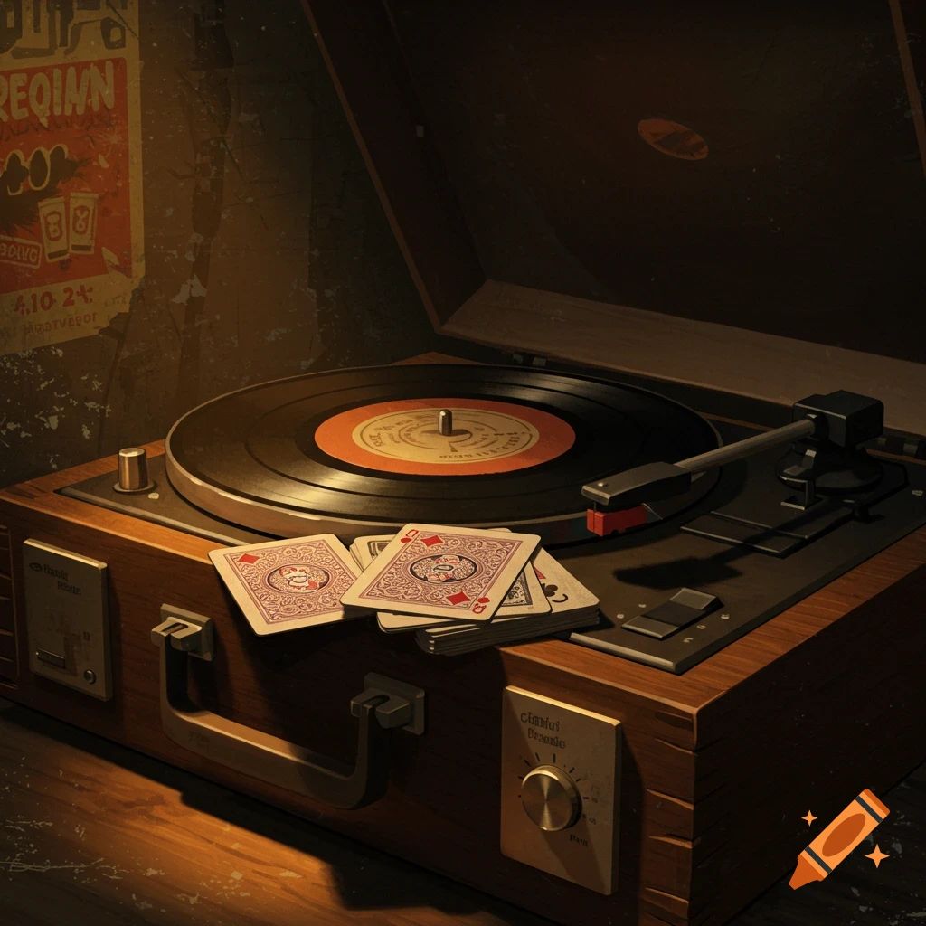 A vintage record player with playing cards resting on it.