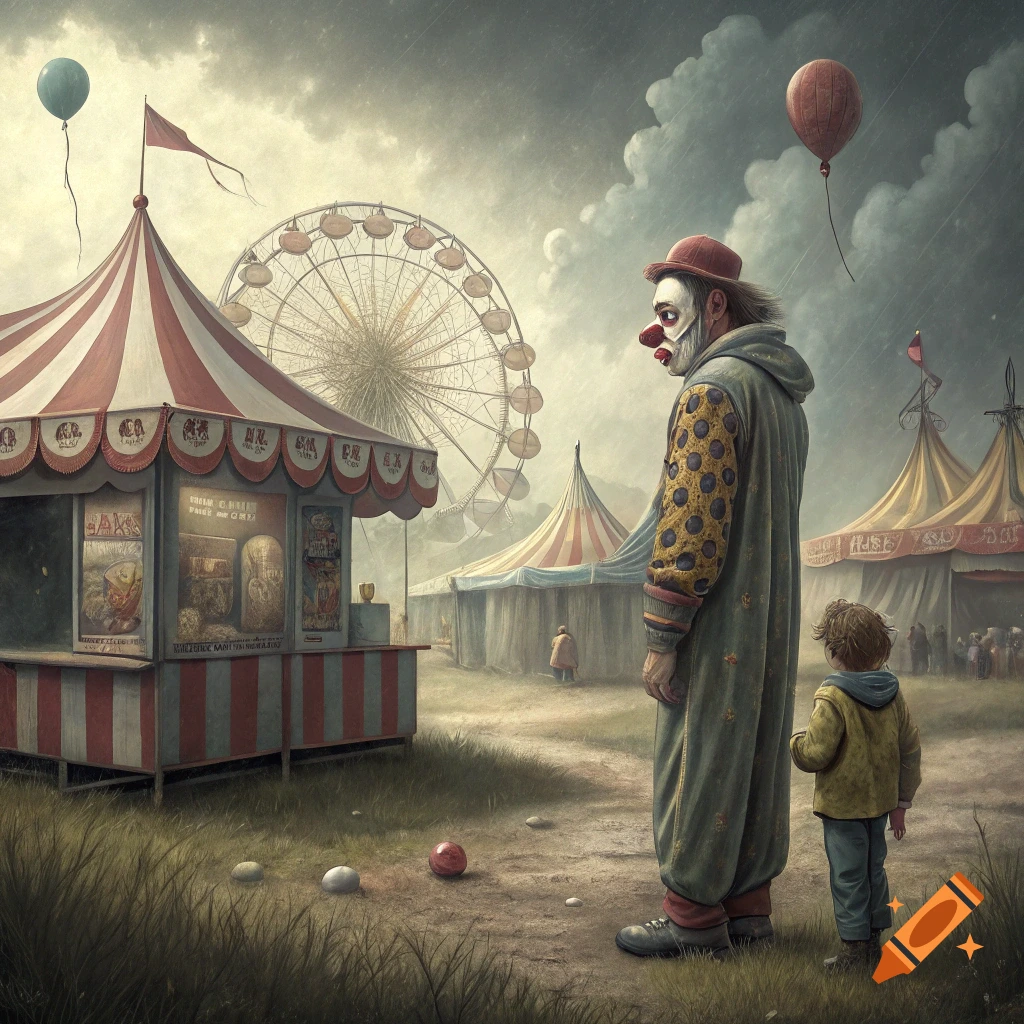 Clown and child look towards distant circus tents and a Ferris wheel under a cloudy sky.