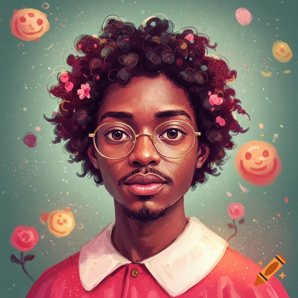 A person with curly hair and glasses is surrounded by flowers and smiling icons.