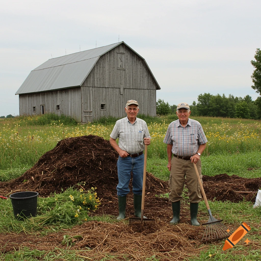 Two elderly farmers stand with a shovel and rake by a large compost heap in front of a weathered barn.