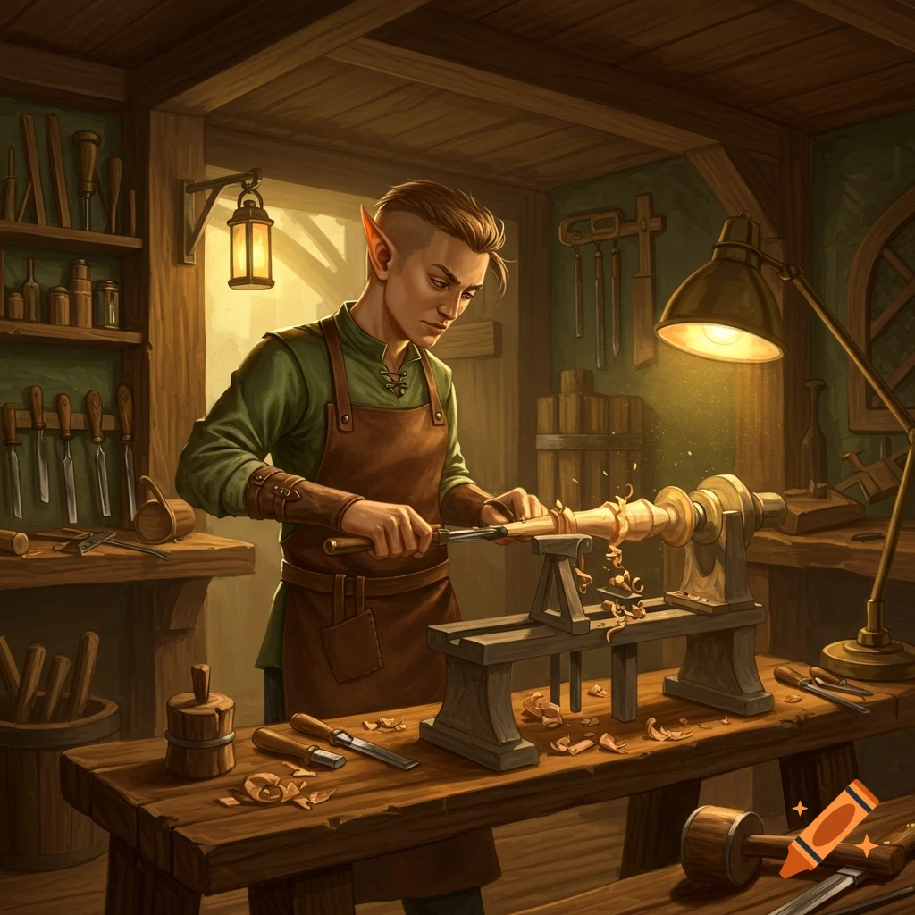 An elf is working on a wood lathe in a workshop.