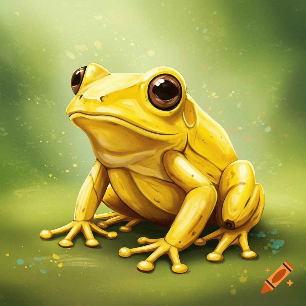 A yellow frog sits.