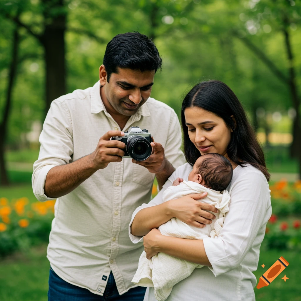 Man taking a photo of a woman holding a baby in a park.