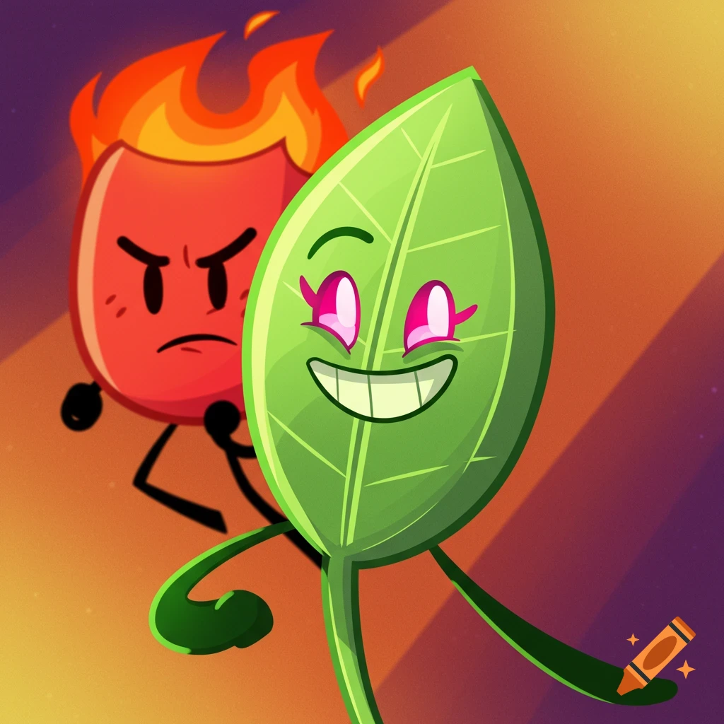 A green leaf character smiles in the foreground with a red fire character scowling behind them in a cartoon style.
