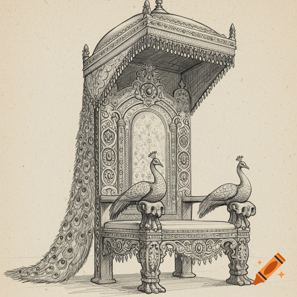 Sketch of an ornate throne with two peacocks and a long peacock feather tail draped over the side.