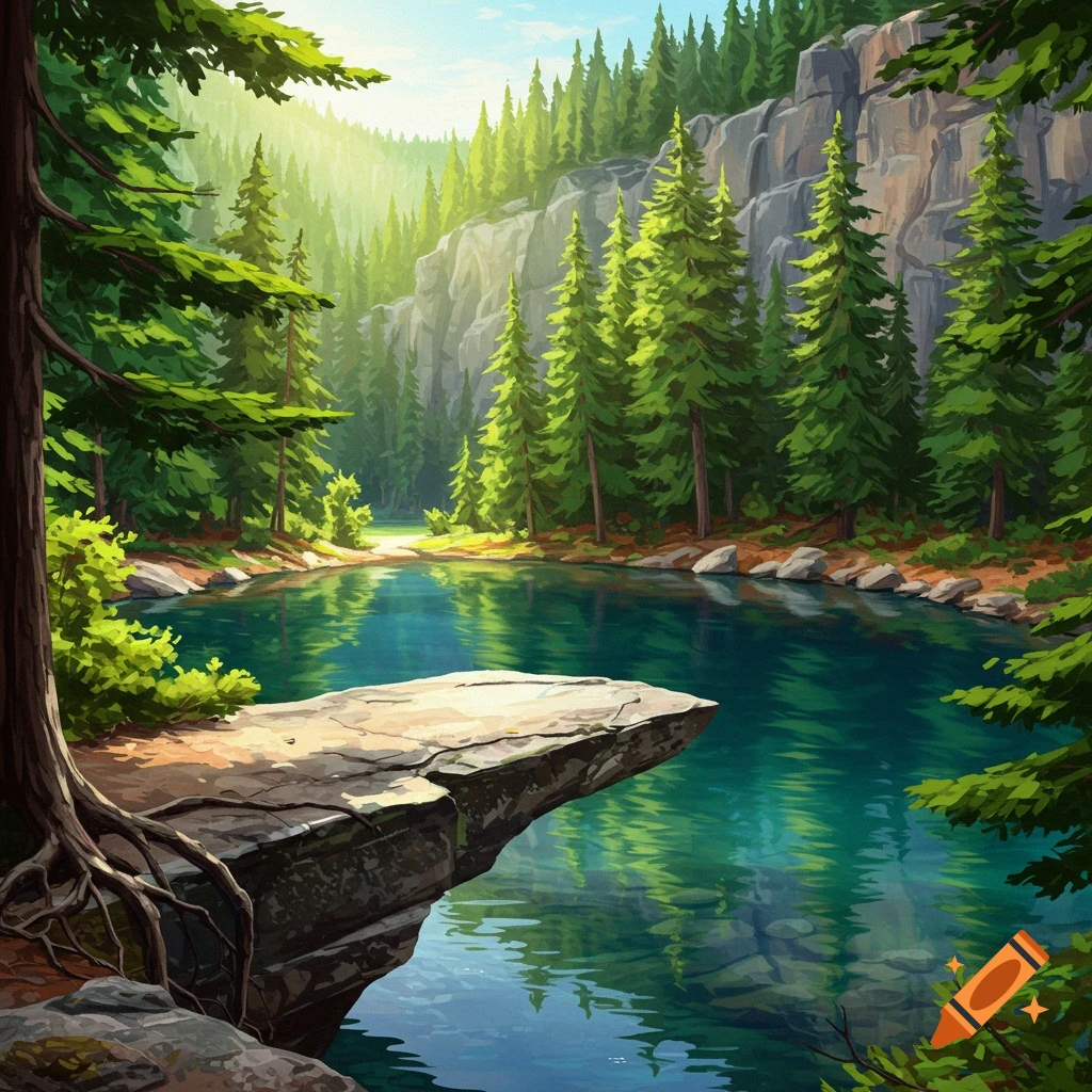 A mountain lake surrounded by forest and cliffs, with a rock ledge extending over the water.