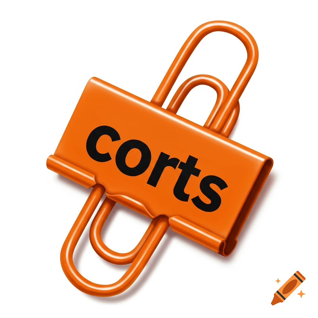 An orange paper clip with the word 'corts' written on it.