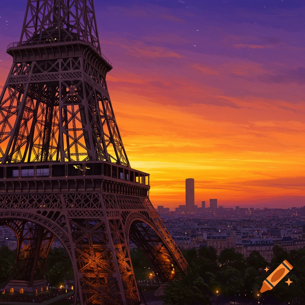 The Eiffel Tower at sunset with a city skyline.