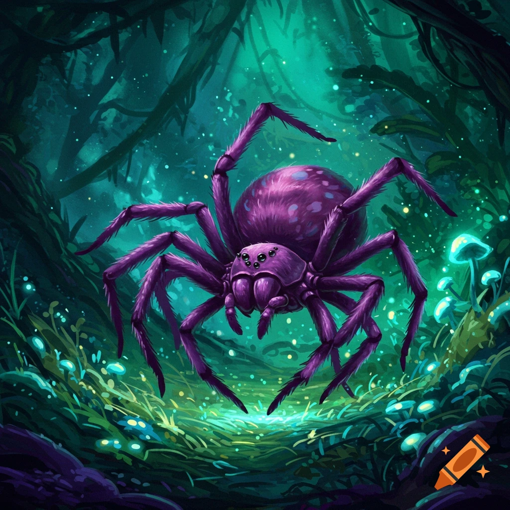 Purple spider with many eyes in a glowing fantasy forest