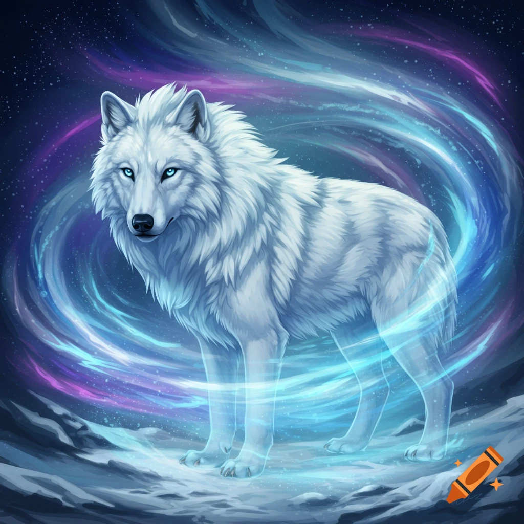 A white wolf with glowing eyes in a snowy landscape with a swirling aurora vortex and starfield background.