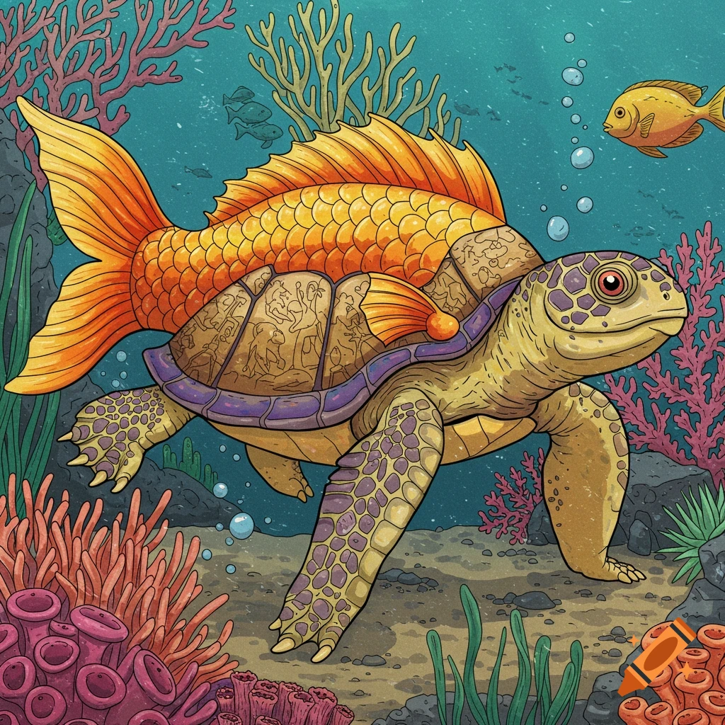 A fantasy creature combining a turtle and a fish swims in a colorful underwater scene with coral.