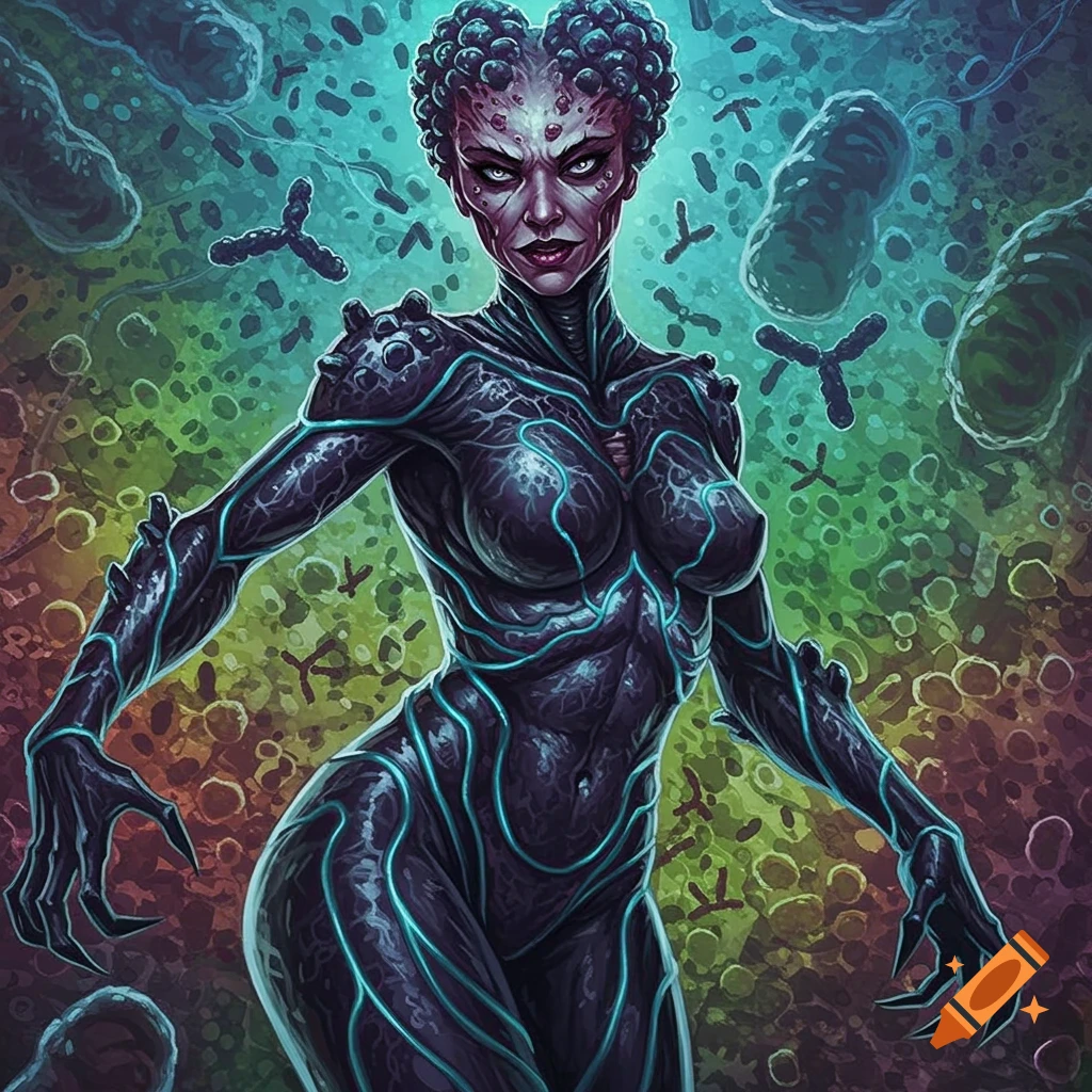 A fierce creature in a bio-suit is depicted against a microscopic background in a comic style.