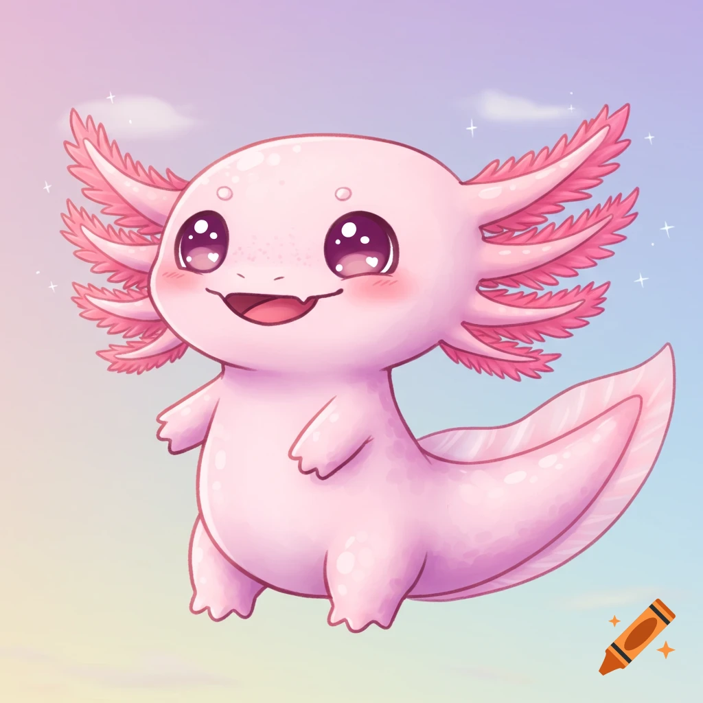 A cute pink cartoon axolotl floats against a pastel background.