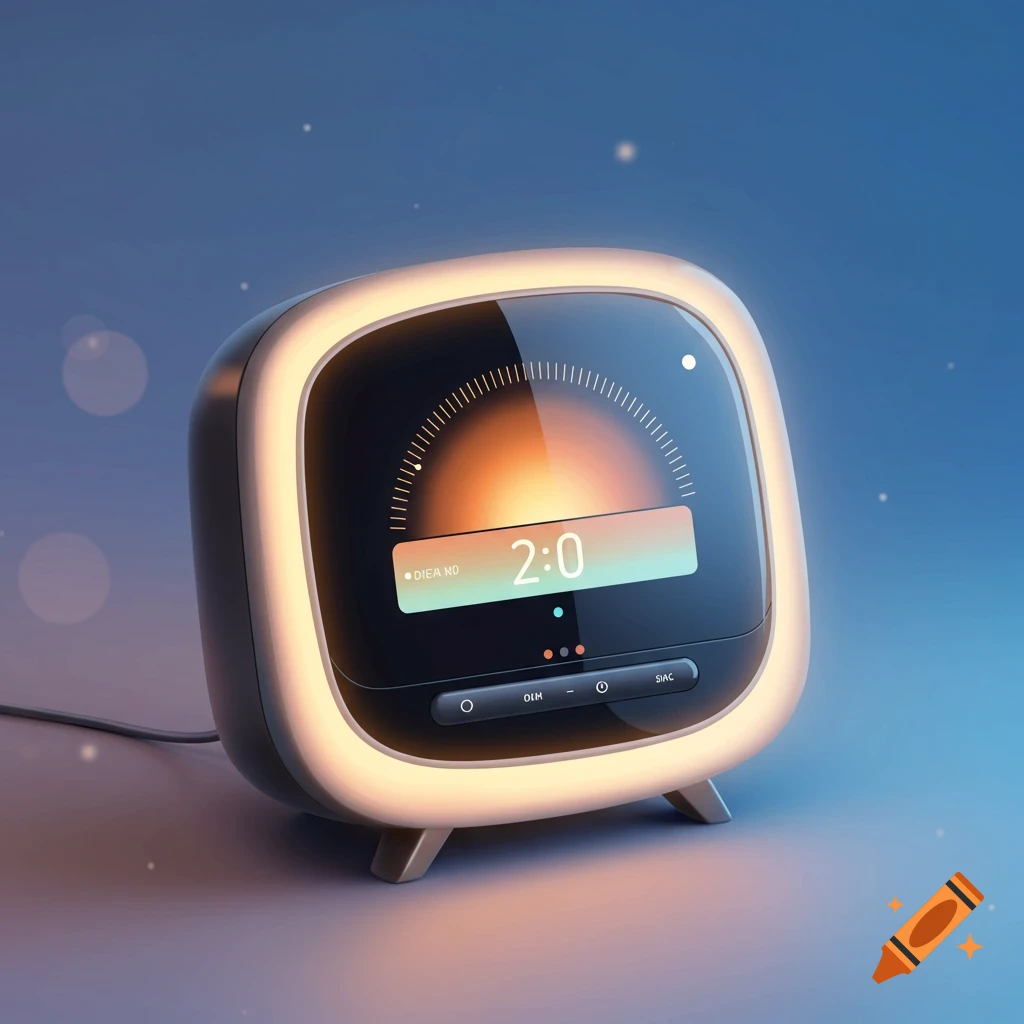 Close-up of a modern cube-shaped alarm clock with a glowing light ring and display.