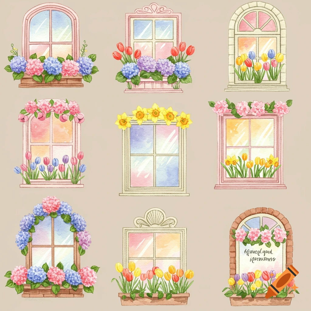 Watercolor illustrations of nine spring windows decorated with flowers.