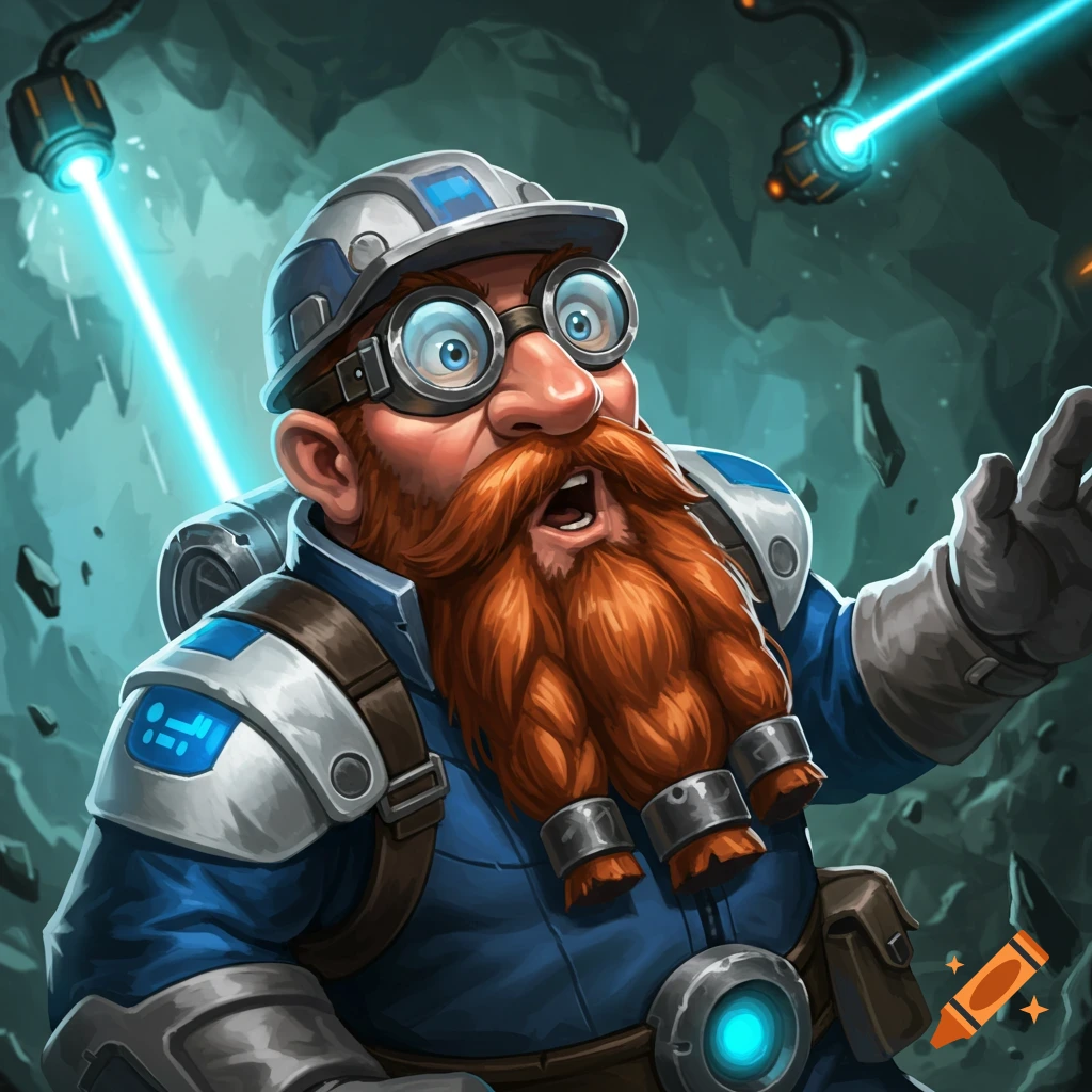 A surprised dwarf miner in a cave looking upwards at light beams.