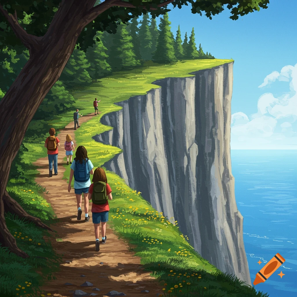 People hiking a trail along a steep cliff overlooking the ocean and sky.