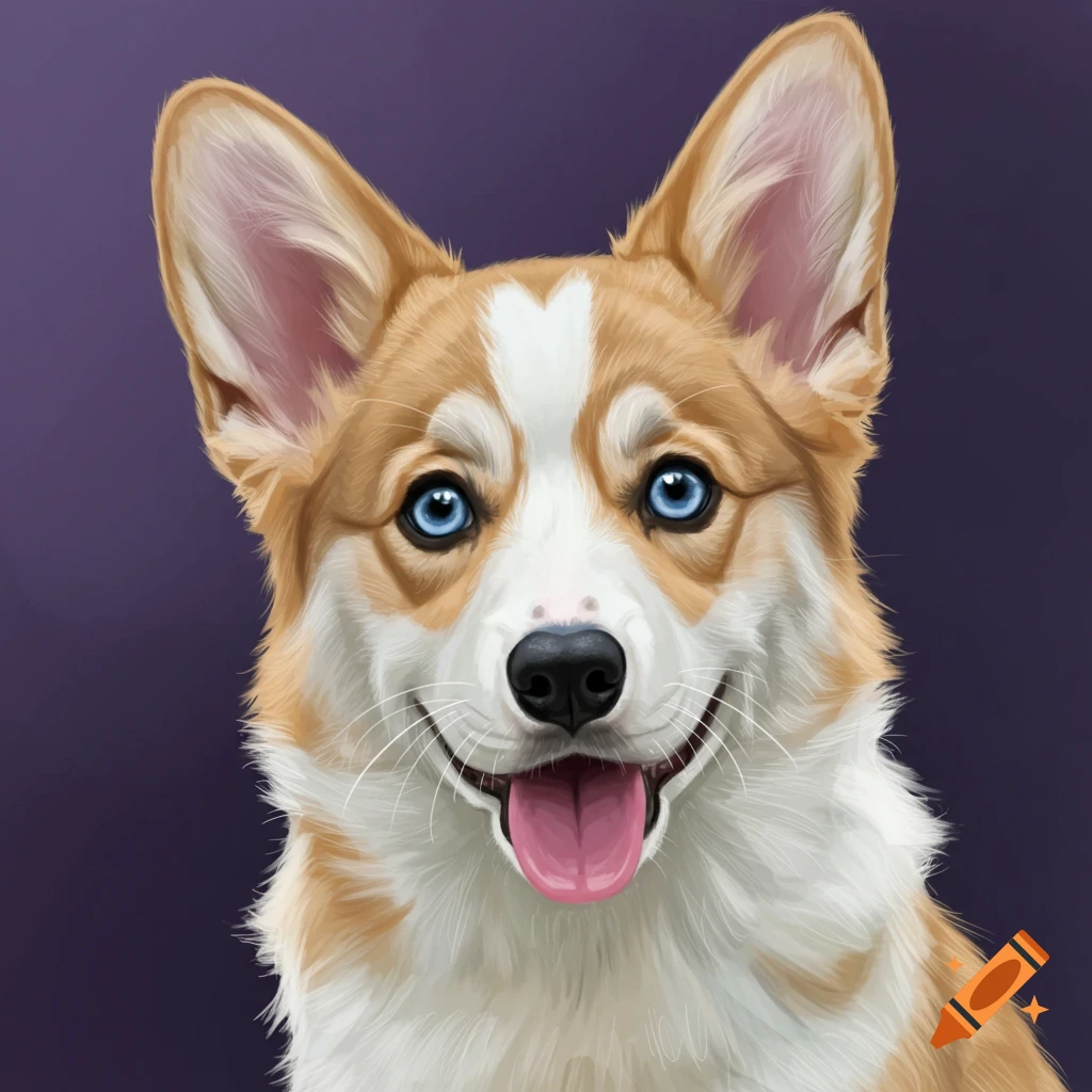 A cute corgi with blue eyes and tan and white fur.