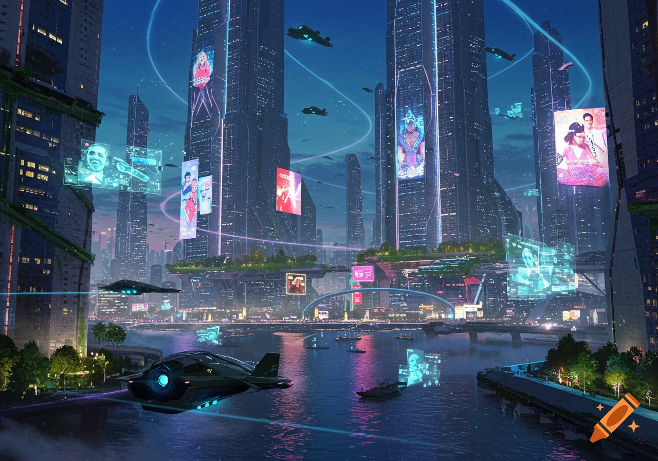 A futuristic city with glowing towers, hovercraft, and water.