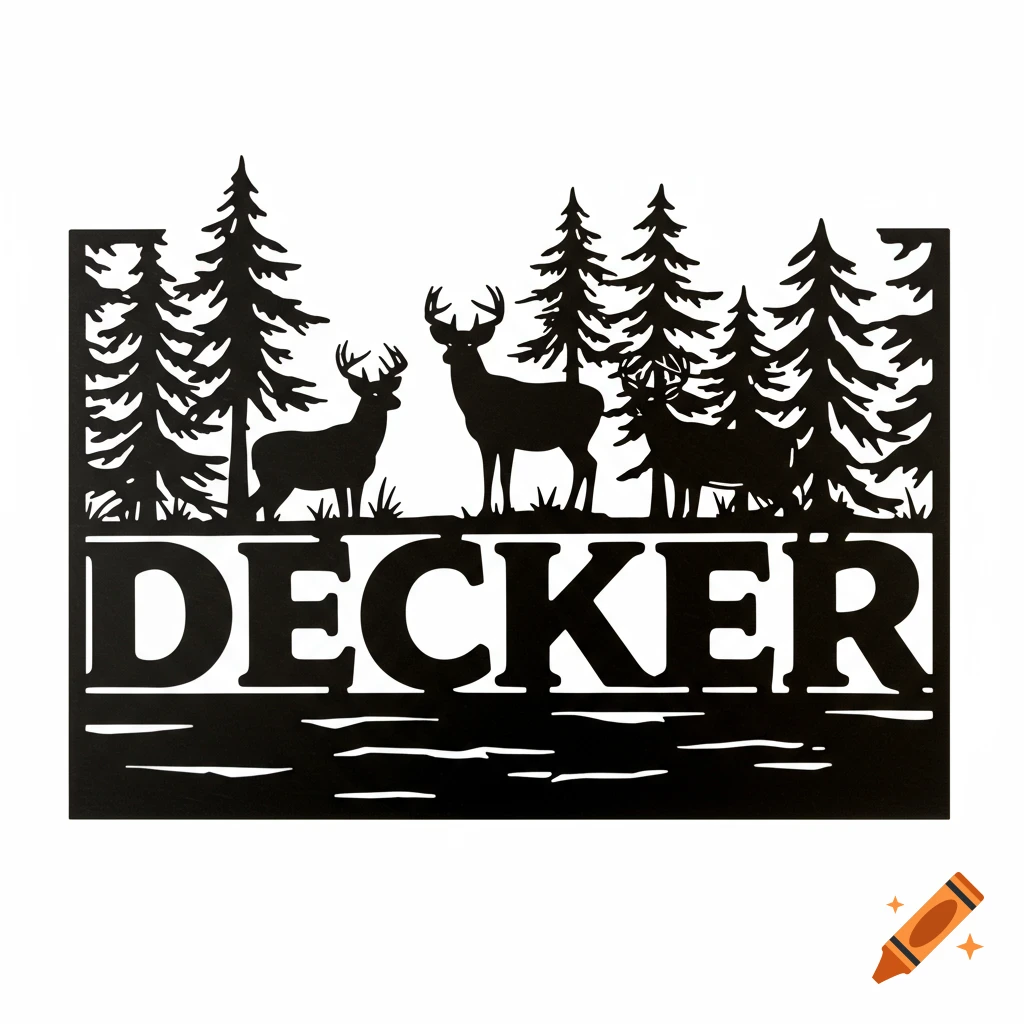 Black and white silhouette of deer and trees with the name DECKER below.