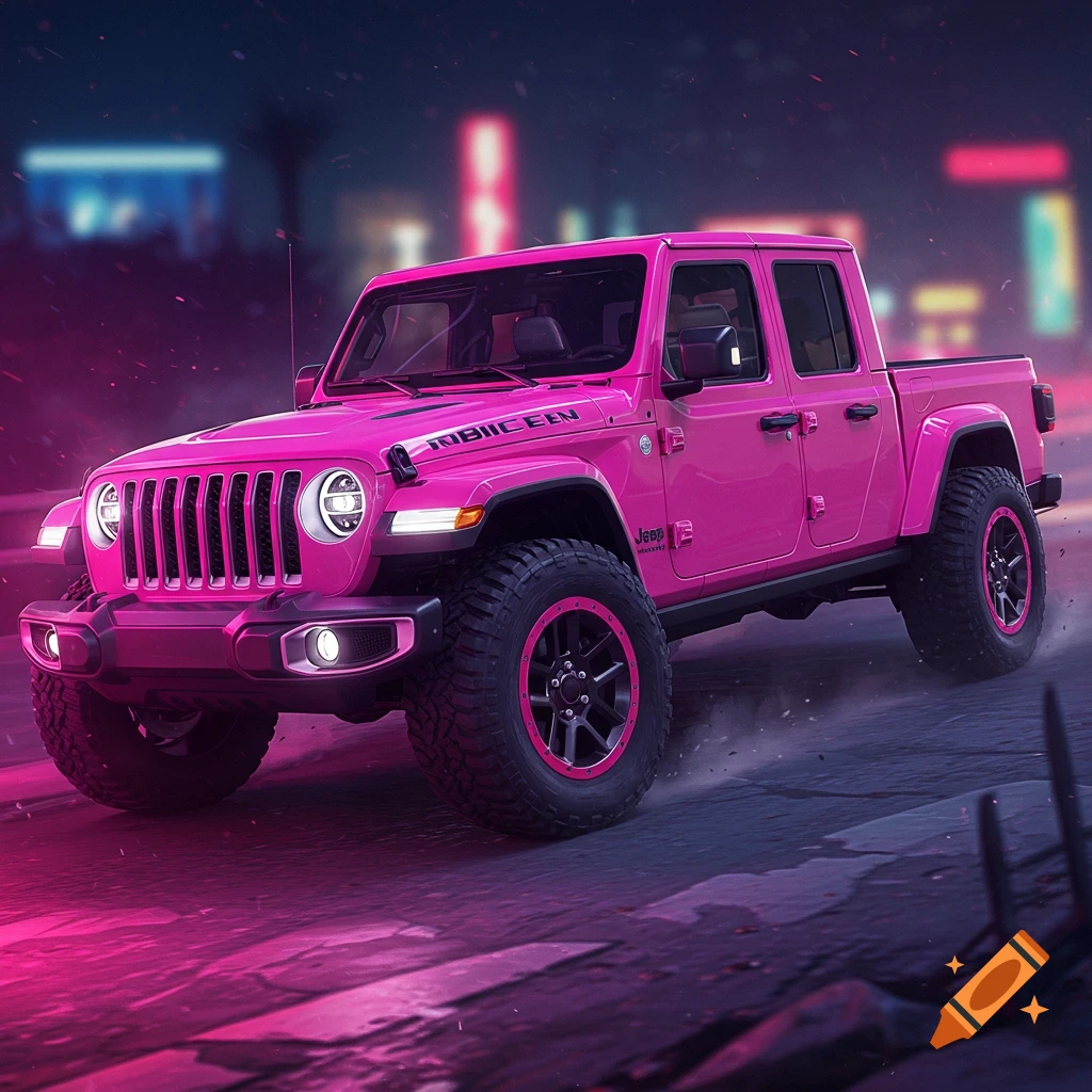 A pink Jeep Gladiator drives through a city at night with neon lights.