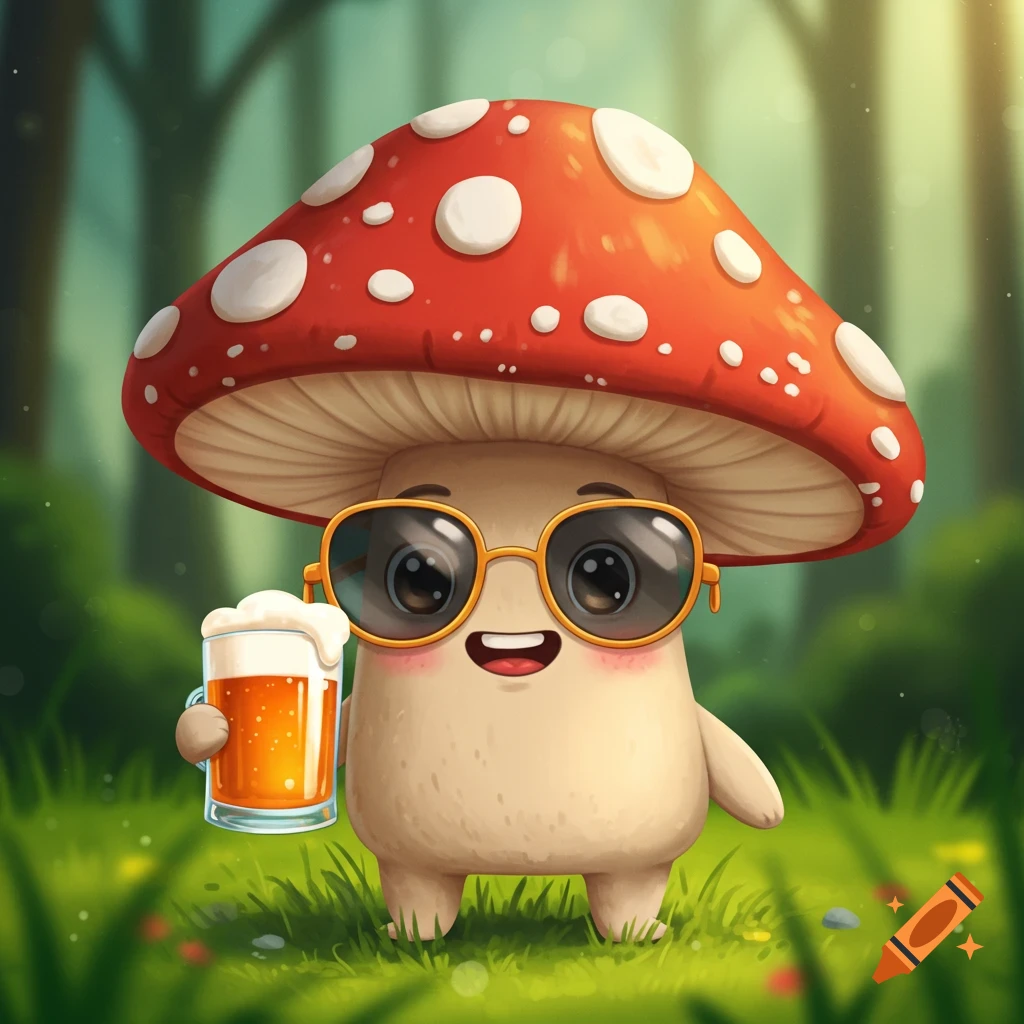 Cute cartoon mushroom wearing sunglasses and holding a beer in a forest setting.