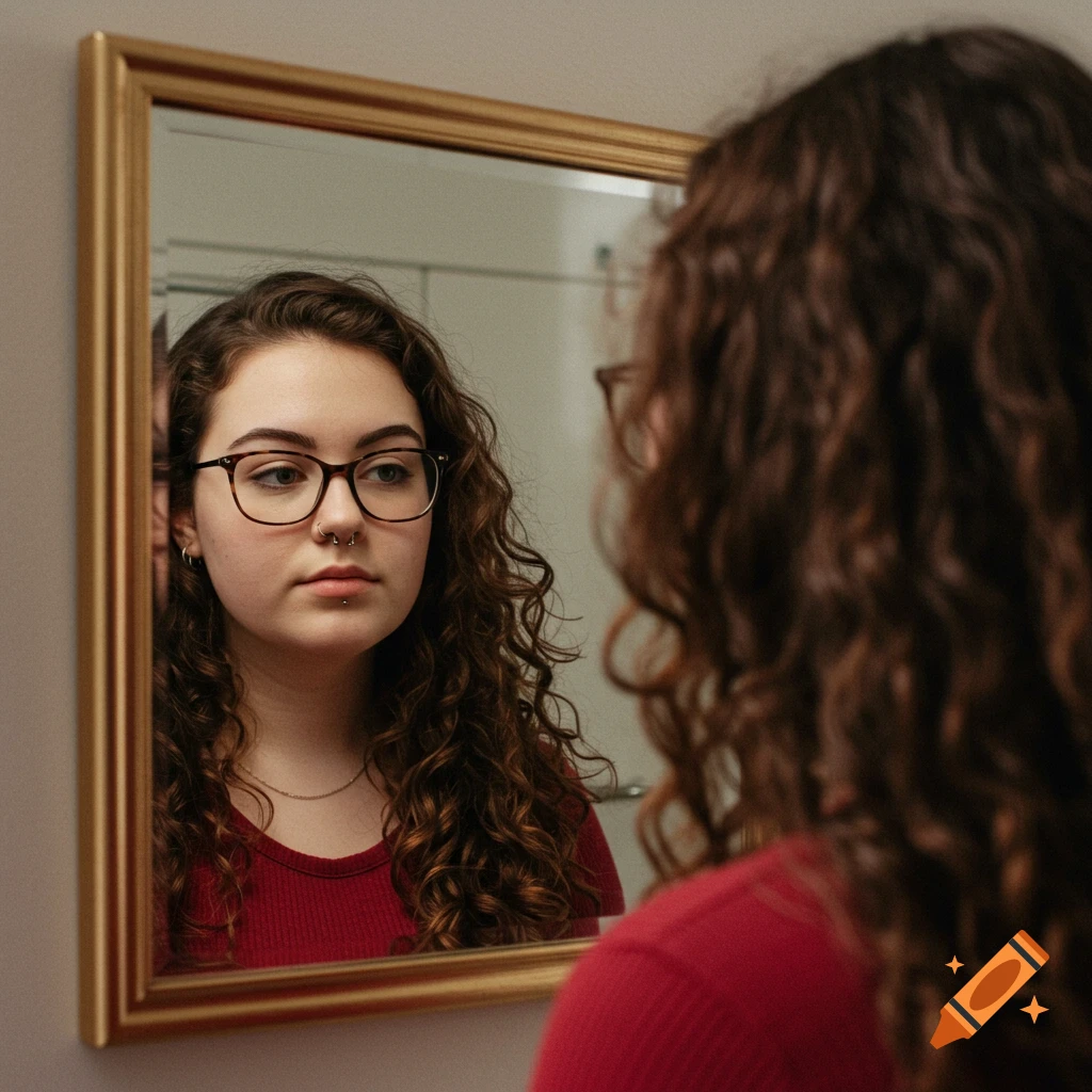 Photorealistic portrait of a young woman with glasses and curly hair looking into a mirror.