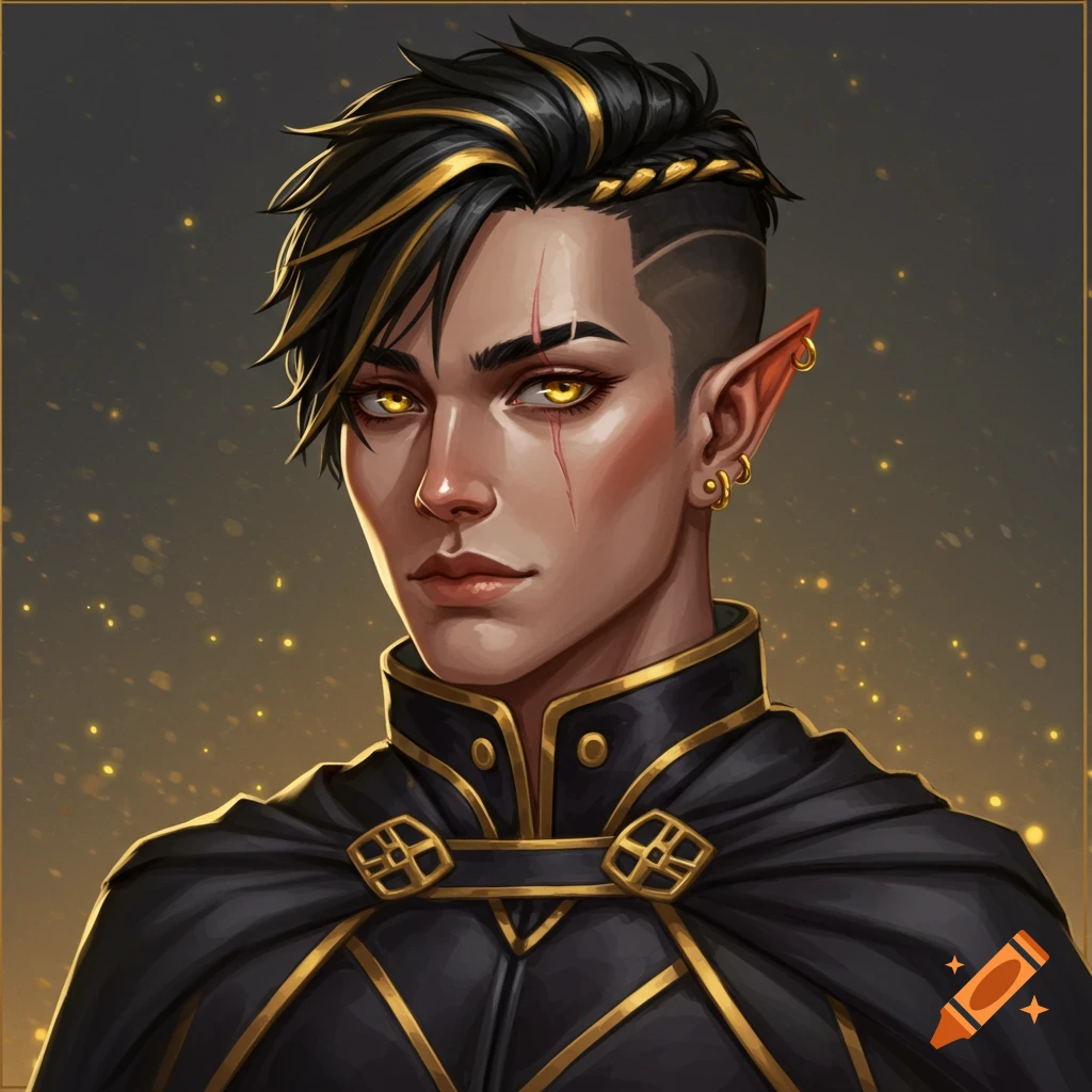A young elf man with black hair, gold streaks, scar over eye, gold eyes, wearing a black and gold cape and armor.