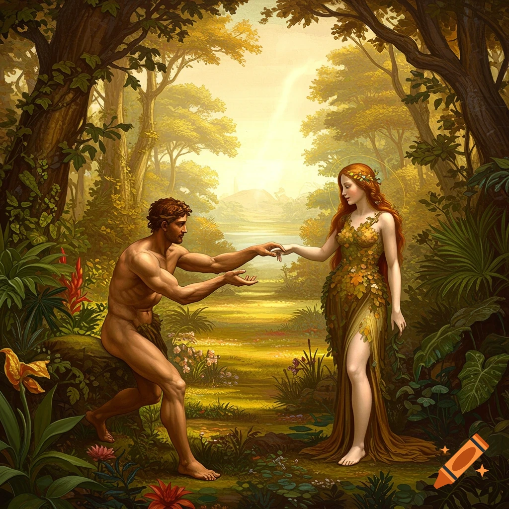 Adam reaches for Eve's hand in a lush garden.