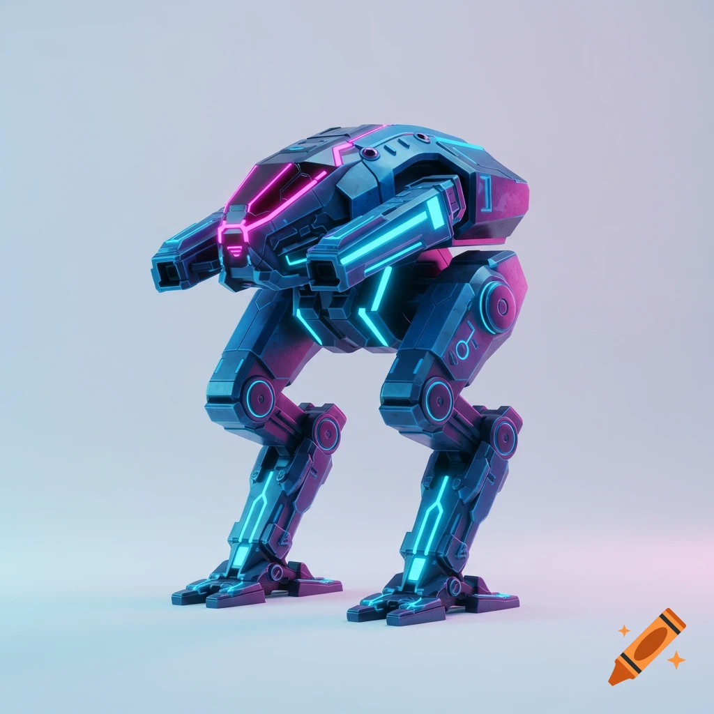 A futuristic blue mech robot with neon pink and blue lights standing on a plain background.
