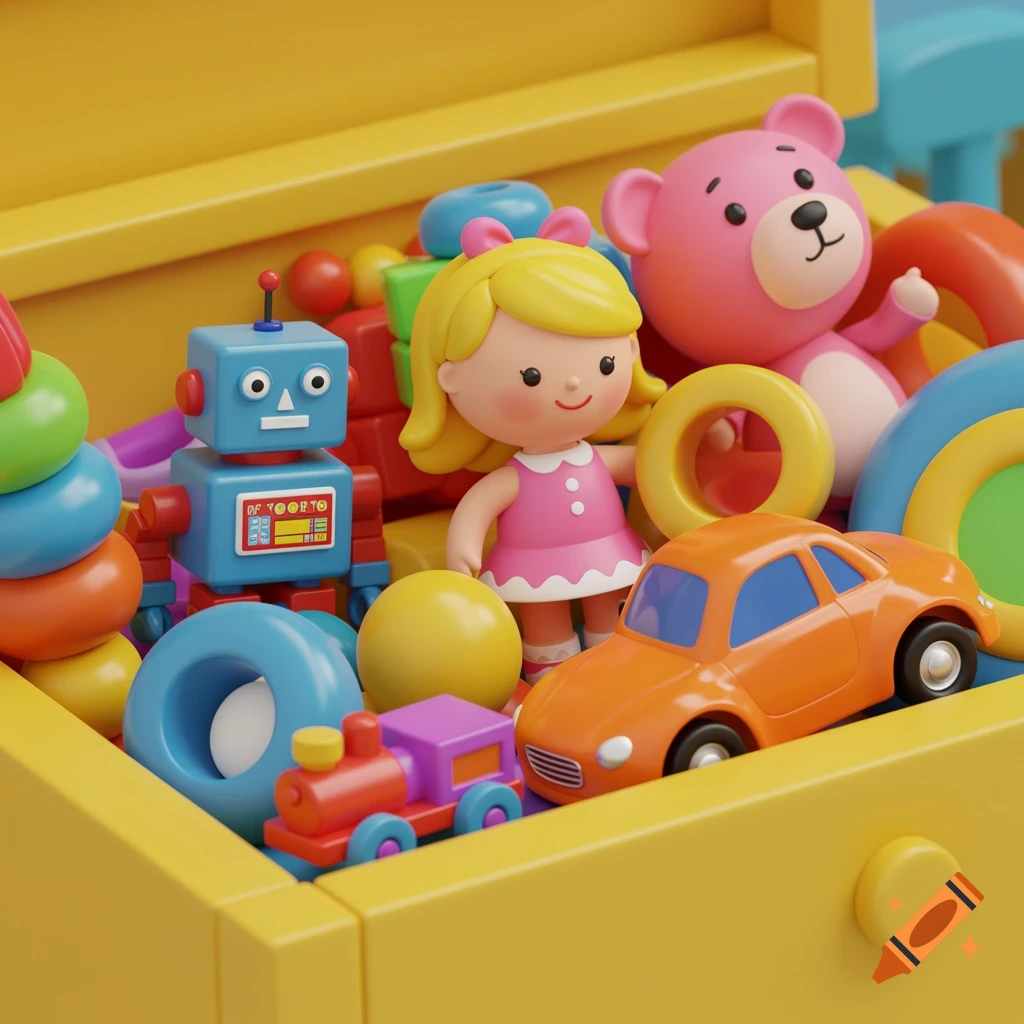 Colorful plastic toys including a robot, doll, bear, car, train, and rings in a yellow toybox, 3D render.