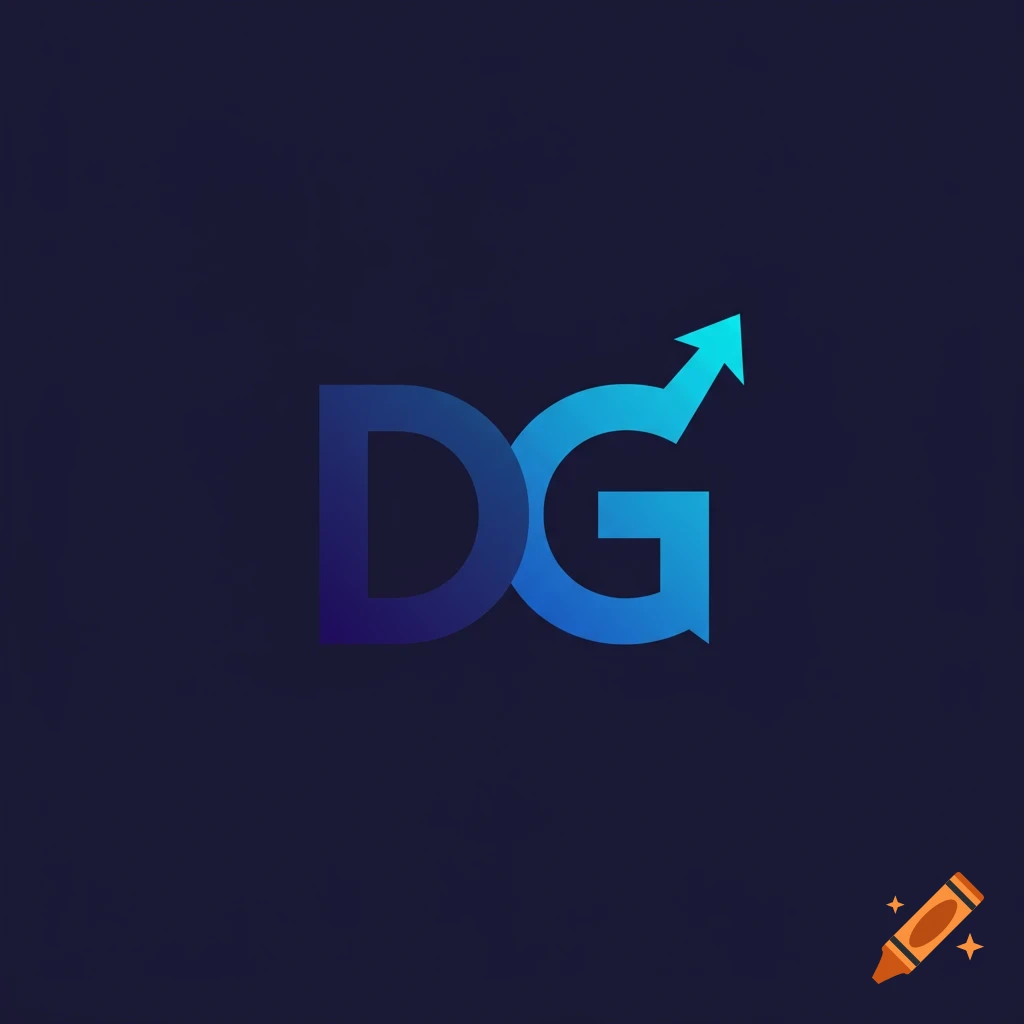 A logo design featuring the letters DG in blue gradient, with the G shaped like an upward arrow on a dark background.