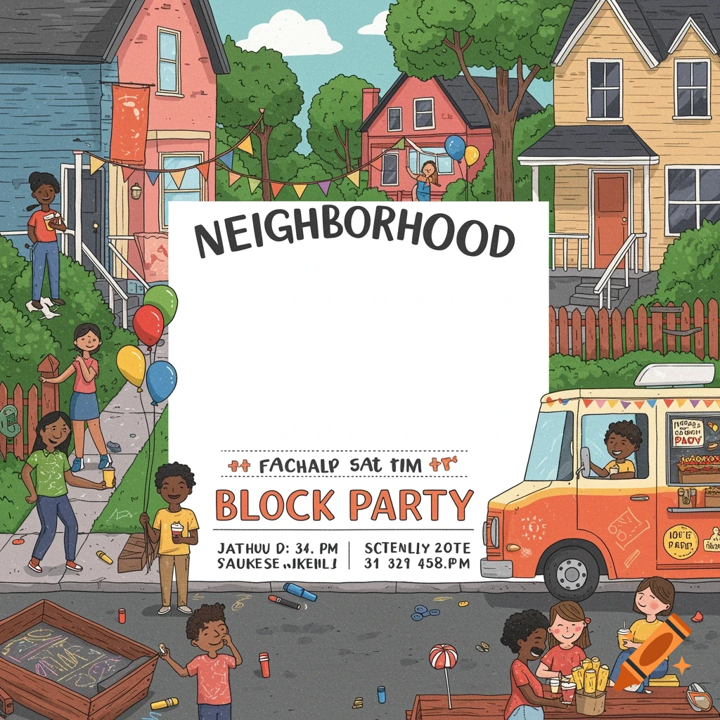 Digital illustration of a neighborhood block party with people, houses, and a food truck around a blank space for text.