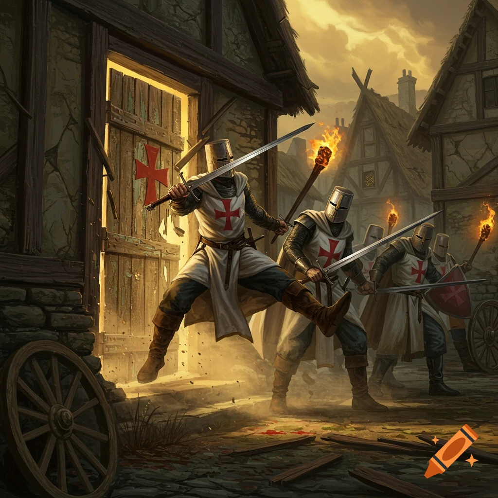 Knights Templar figures in armor with swords and torches kicking down a door in a medieval village.