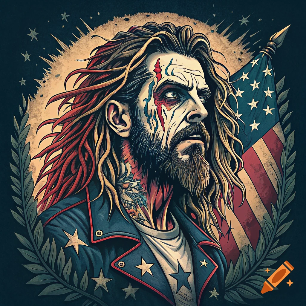 Portrait in American Traditional tattoo style of person resembling Rob Zombie with face paint and American flag.