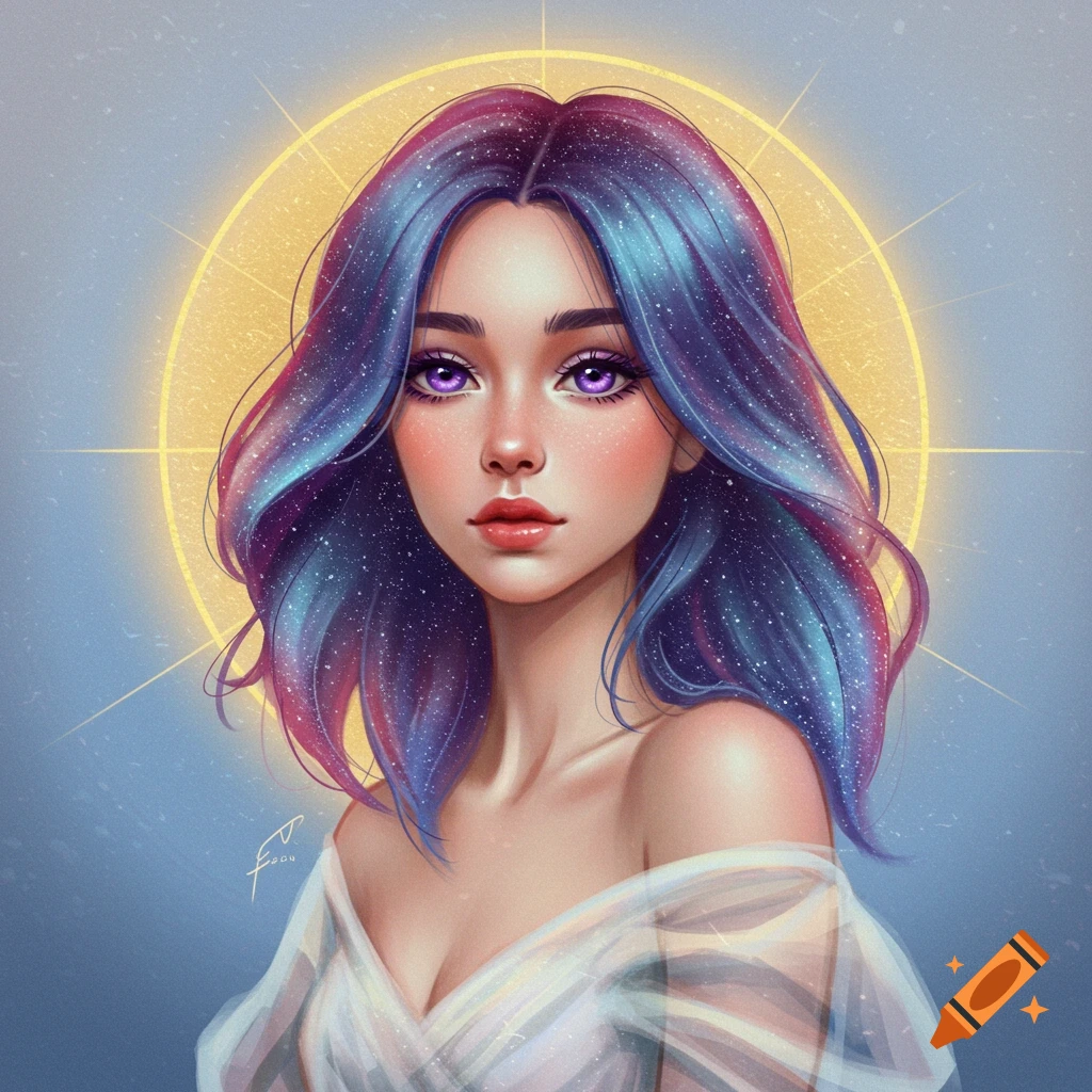 Portrait of a woman with galaxy hair, purple eyes, and a golden halo.