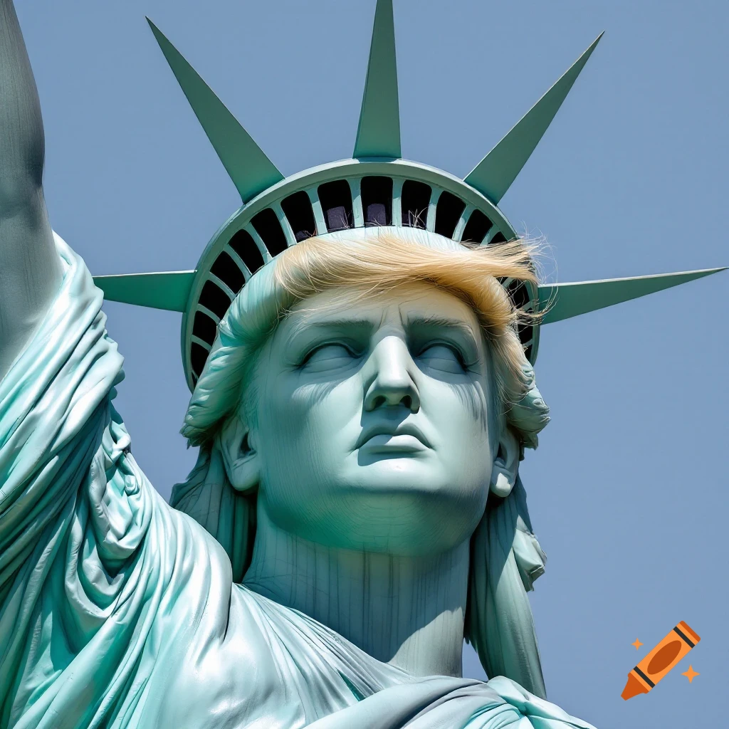 Close-up of the Statue of Liberty with Donald Trump's face and hair wearing the crown under a blue sky